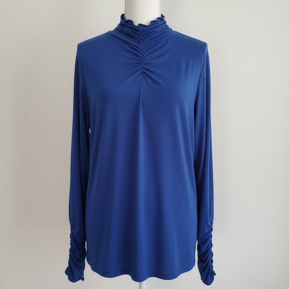 Size 3X Susan Graver‎ Royal Blue Ruched Mock Neck Long Sleeve Top